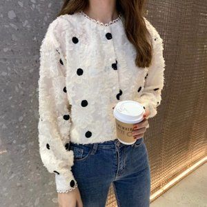 Fuzzy Eyelash Long Sleeve Shirt with Polka Dots